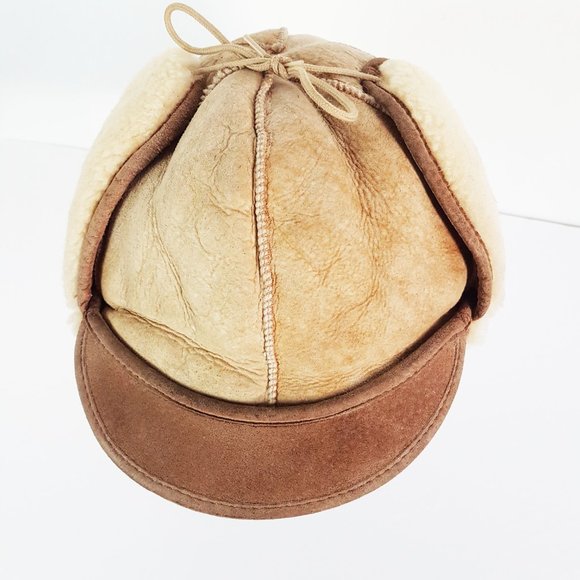 Vintage Brown Shearling Sheepskin Leather Trapper Earflap Hat - Picture 6 of 9